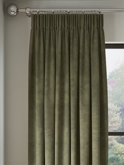 John Lewis Velvet Pair Lined Pencil Pleat Curtains, Khaki Green, W167 x Drop 228cm