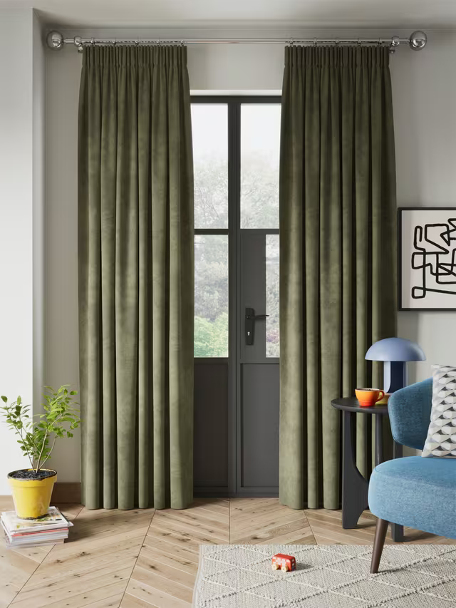 John Lewis Velvet Pair Lined Pencil Pleat Curtains, Khaki Green, W228 x Drop 274