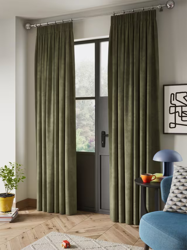 John Lewis Velvet Pair Lined Pencil Pleat Curtains, Khaki Green, W228 x Drop 274