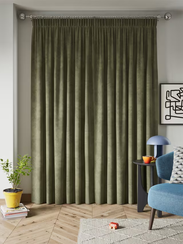 John Lewis Velvet Pair Lined Pencil Pleat Curtains, Khaki Green, W228 x Drop 274