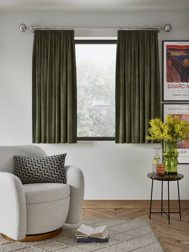 John Lewis Velvet Pair Lined Pencil Pleat Curtains, Khaki Green, W228 x Drop 274