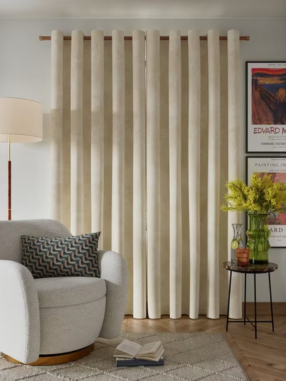 John Lewis Velvet Pair Lined Eyelet Curtains, Cream W228 x Drop 228cm