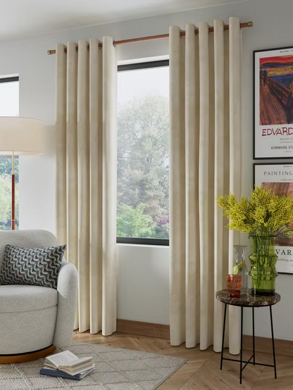 John Lewis Velvet Pair Lined Eyelet Curtains, Cream W228 x Drop 228cm