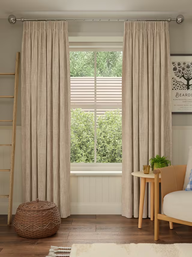 John Lewis Brushed Viscose Blend Pair Blackout Lined Pencil Pleat Curtains, Natural, W167 x Drop 228cm