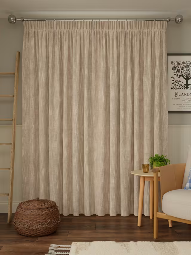 John Lewis Brushed Viscose Blend Pair Blackout Lined Pencil Pleat Curtains, Natural, W167 x Drop 228cm