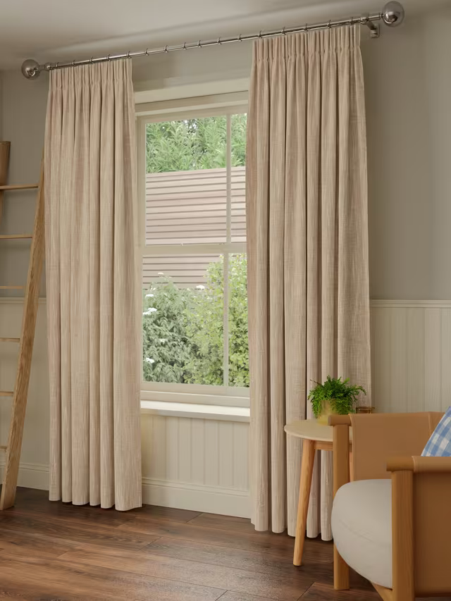 John Lewis Brushed Viscose Blend Pair Blackout Lined Pencil Pleat Curtains, Natural, W167 x Drop 228cm