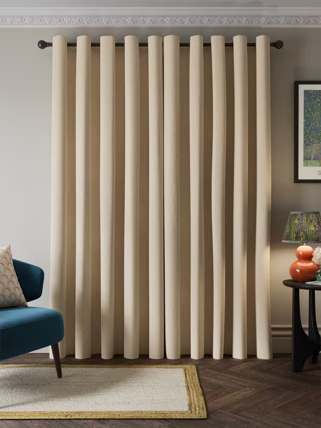 John Lewis Velvet Chenille Pair Heavyweight Thermal Lined Eyelet Curtains, Chalk Cream, W167 x Drop 182cm