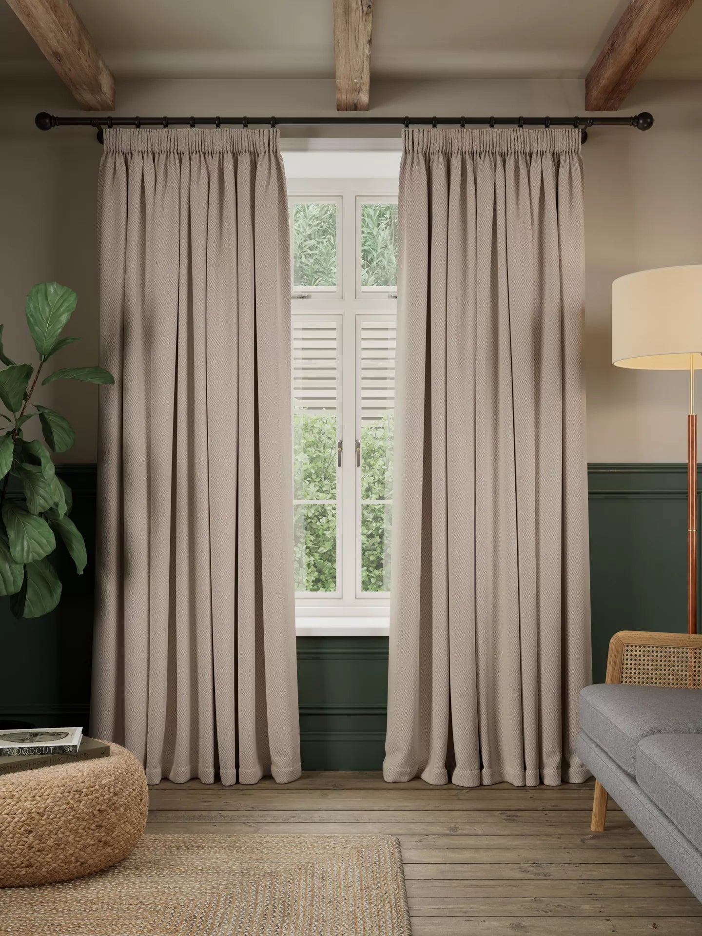 John Lewis Brushed Herringbone Pair Blackout Lined Pencil Pleat Curtains, Alabaster, W228 x Drop 137cm