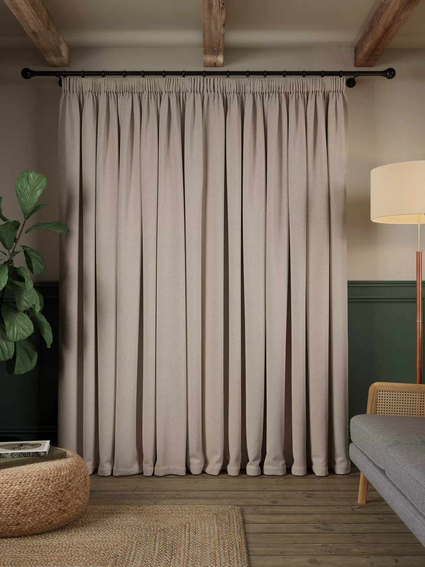 John Lewis Brushed Herringbone Pair Blackout Lined Pencil Pleat Curtains, Alabaster, W228 x Drop 137cm