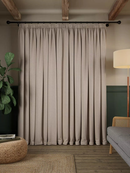 John Lewis Brushed Herringbone Pair Blackout Lined Pencil Pleat Curtains, Alabaster, W228 x Drop 137cm