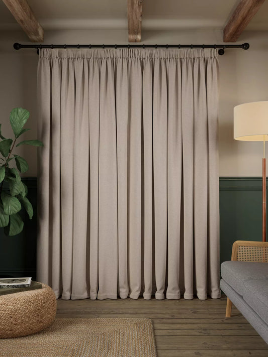 John Lewis Brushed Herringbone Pair Blackout Lined Pencil Pleat Curtains, Alabaster, W228 x Drop 137cm
