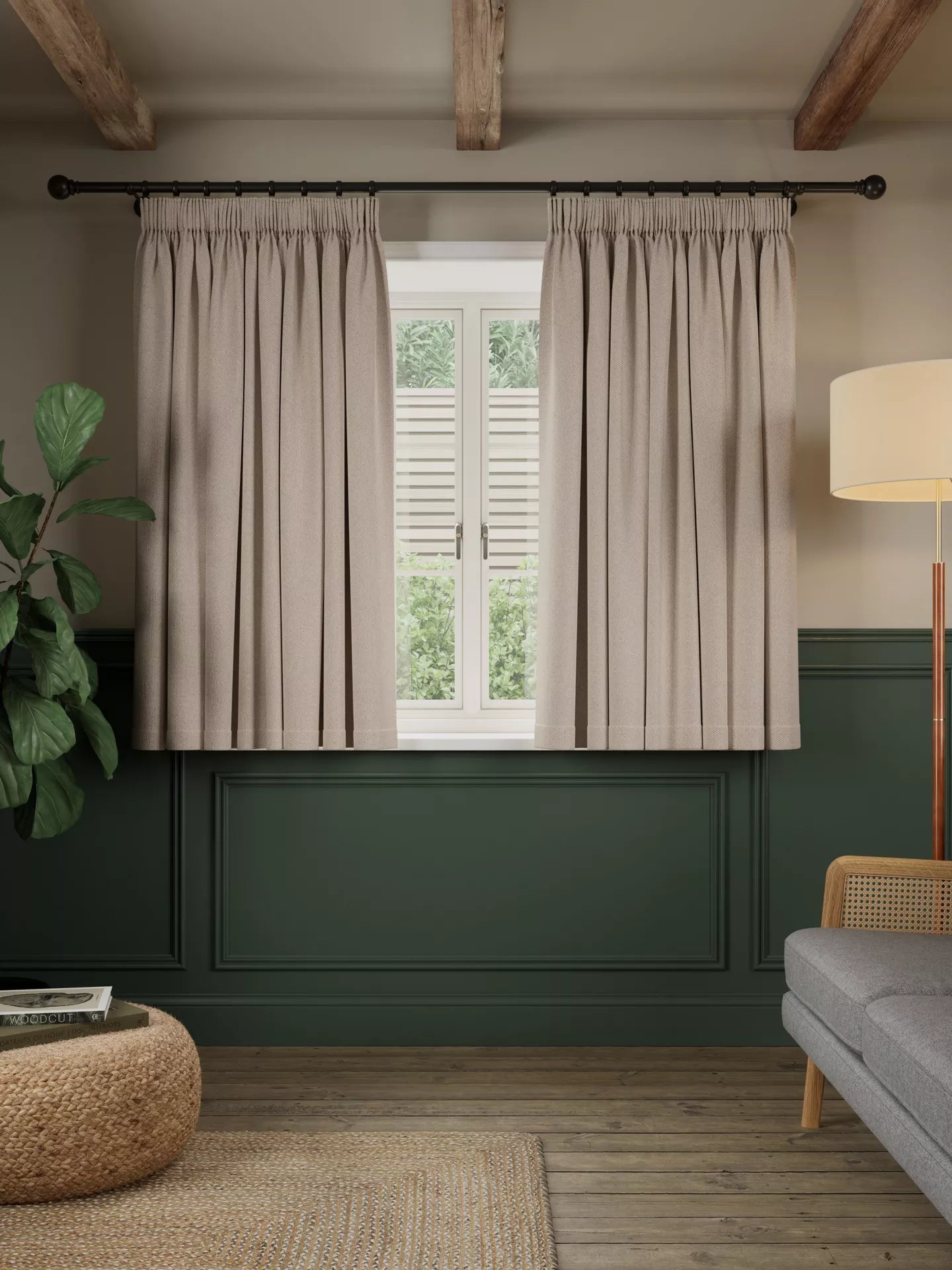 John Lewis Brushed Herringbone Pair Blackout Lined Pencil Pleat Curtains, Alabaster, W228 x Drop 137cm