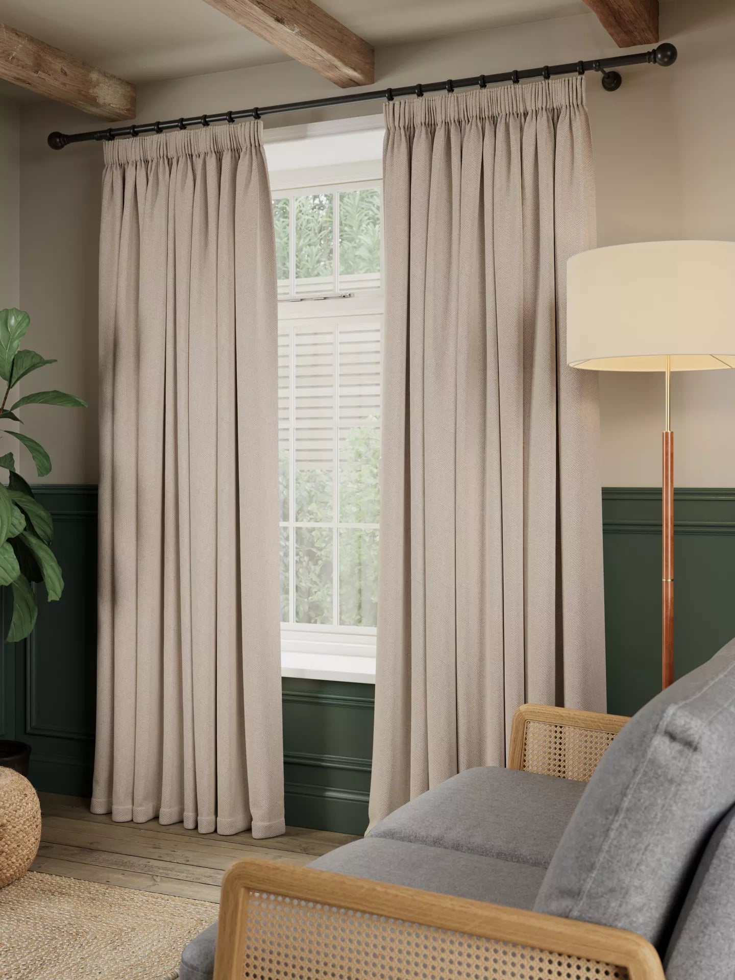 John Lewis Brushed Herringbone Pair Blackout Lined Pencil Pleat Curtains, Alabaster, W228 x Drop 137cm