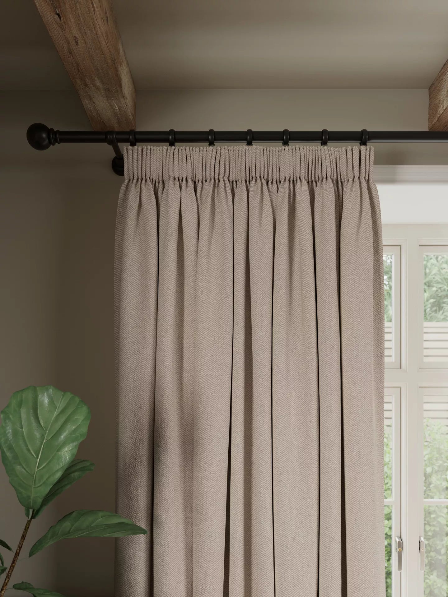 John Lewis Brushed Herringbone Pair Blackout Lined Pencil Pleat Curtains, Alabaster, W228 x Drop 137cm