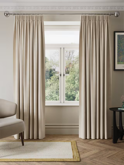 John Lewis Matt Velvet Pair Blackout Lined Pencil Pleat Curtains, Natural, W228 L137