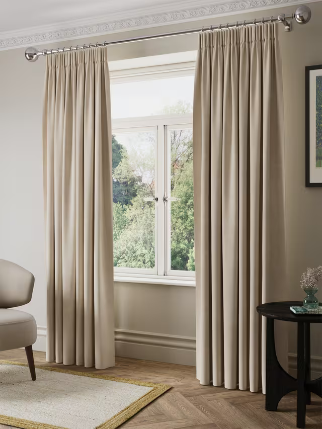 John Lewis Matt Velvet Pair Blackout Lined Pencil Pleat Curtains, Natural, W228 L137