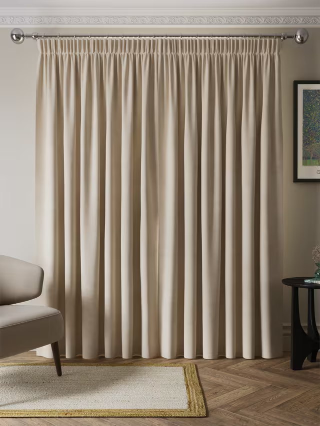 John Lewis Matt Velvet Pair Blackout Lined Pencil Pleat Curtains, Natural, W228 L137