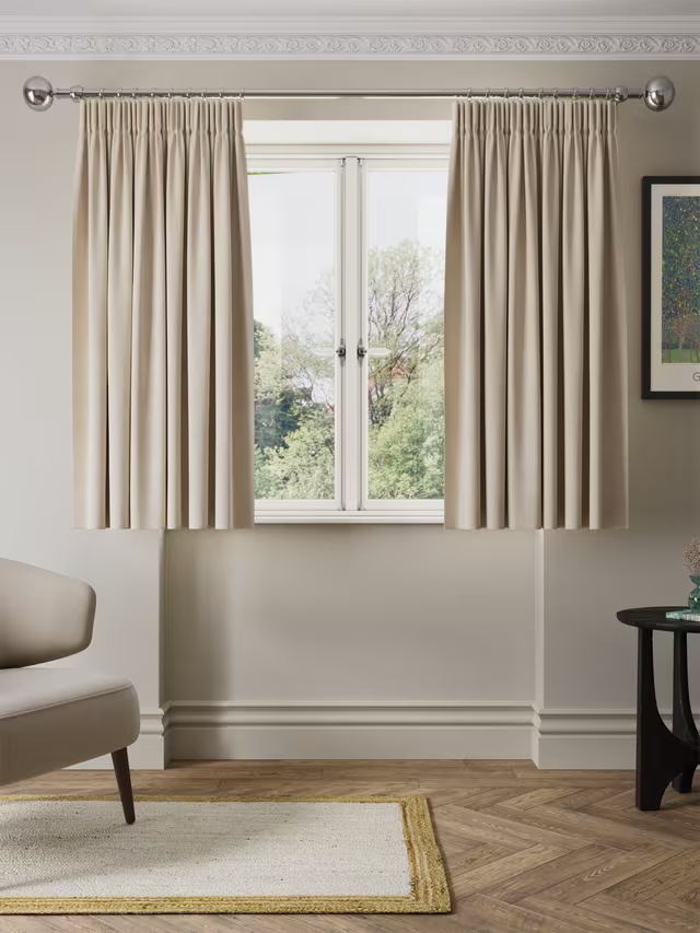 John Lewis Matt Velvet Pair Blackout Lined Pencil Pleat Curtains, Natural, W228 L137