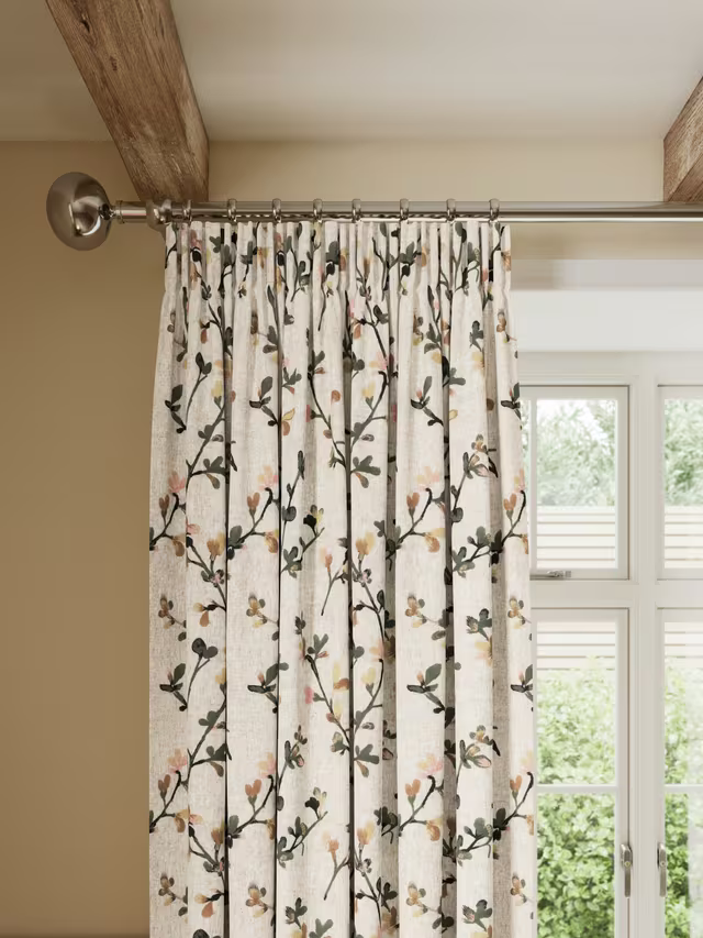 John Lewis Elena Floral Embroidery Pair Lined Pencil Pleat Curtains, Straw, W228 x Drop 228cm
