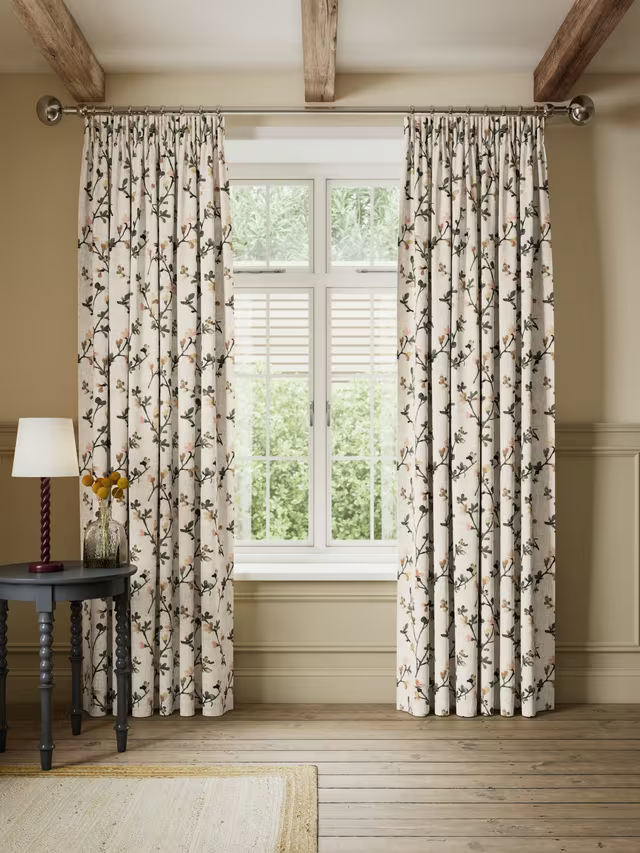 John Lewis Elena Floral Embroidery Pair Lined Pencil Pleat Curtains, Straw, W228 x Drop 228cm