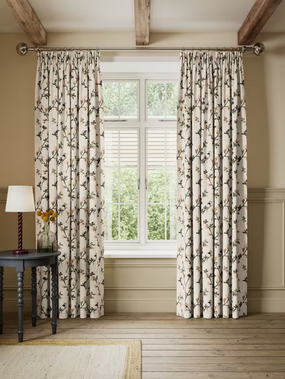 John Lewis Elena Floral Embroidery Pair Lined Pencil Pleat Curtains, Straw, W228 x Drop 228cm