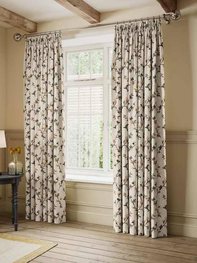 John Lewis Elena Floral Embroidery Pair Lined Pencil Pleat Curtains, Straw, W228 x Drop 228cm