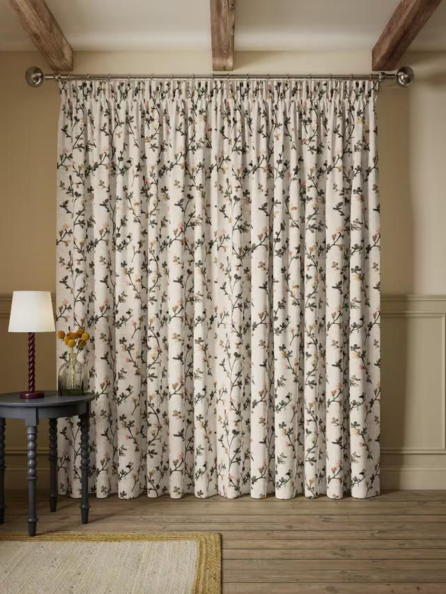 John Lewis Elena Floral Embroidery Pair Lined Pencil Pleat Curtains, Straw, W228 x Drop 228cm