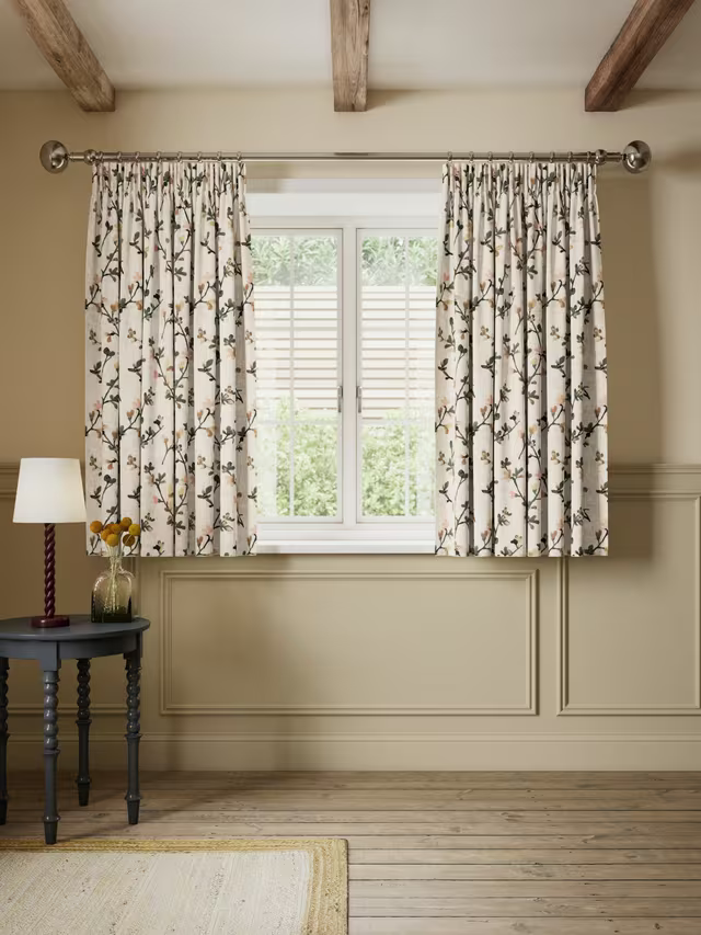 John Lewis Elena Floral Embroidery Pair Lined Pencil Pleat Curtains, Straw, W228 x Drop 228cm