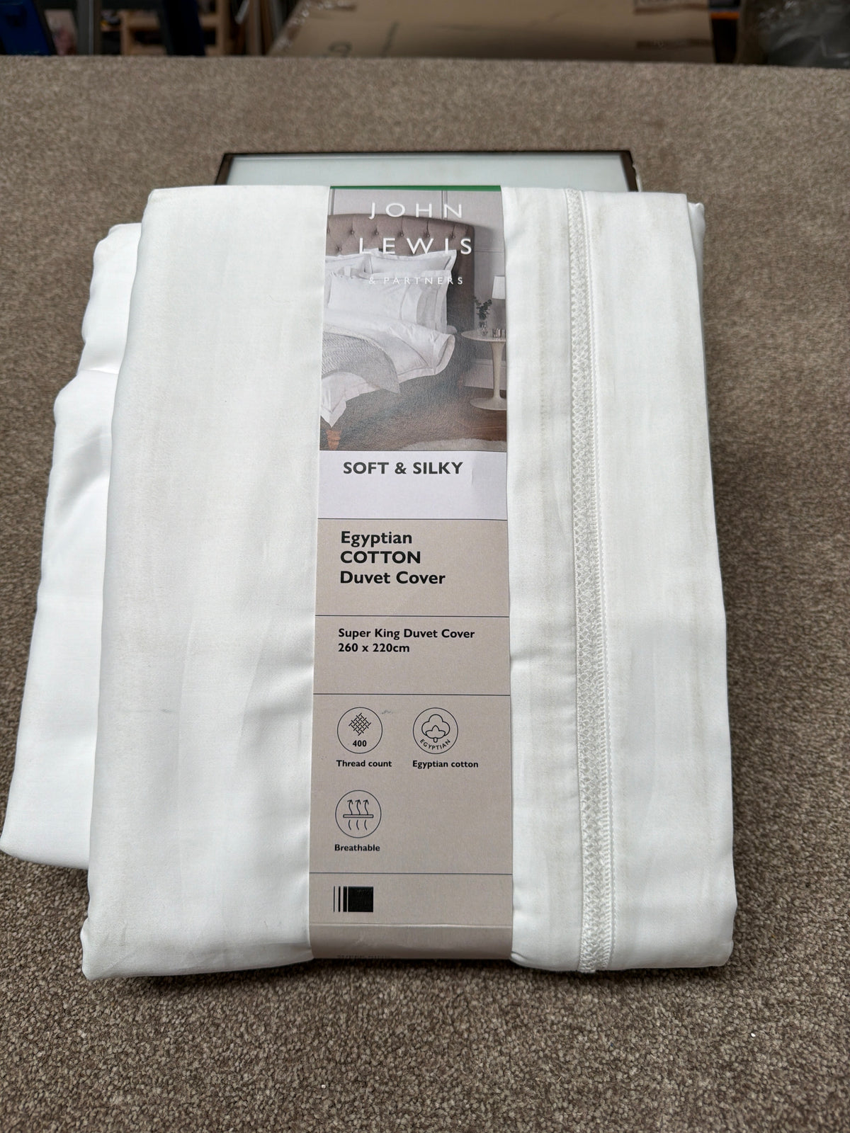 John Lewis Garda Egyptian Cotton Sateen Bedding, 400 Thread Count, White, Super King Duvet Cover