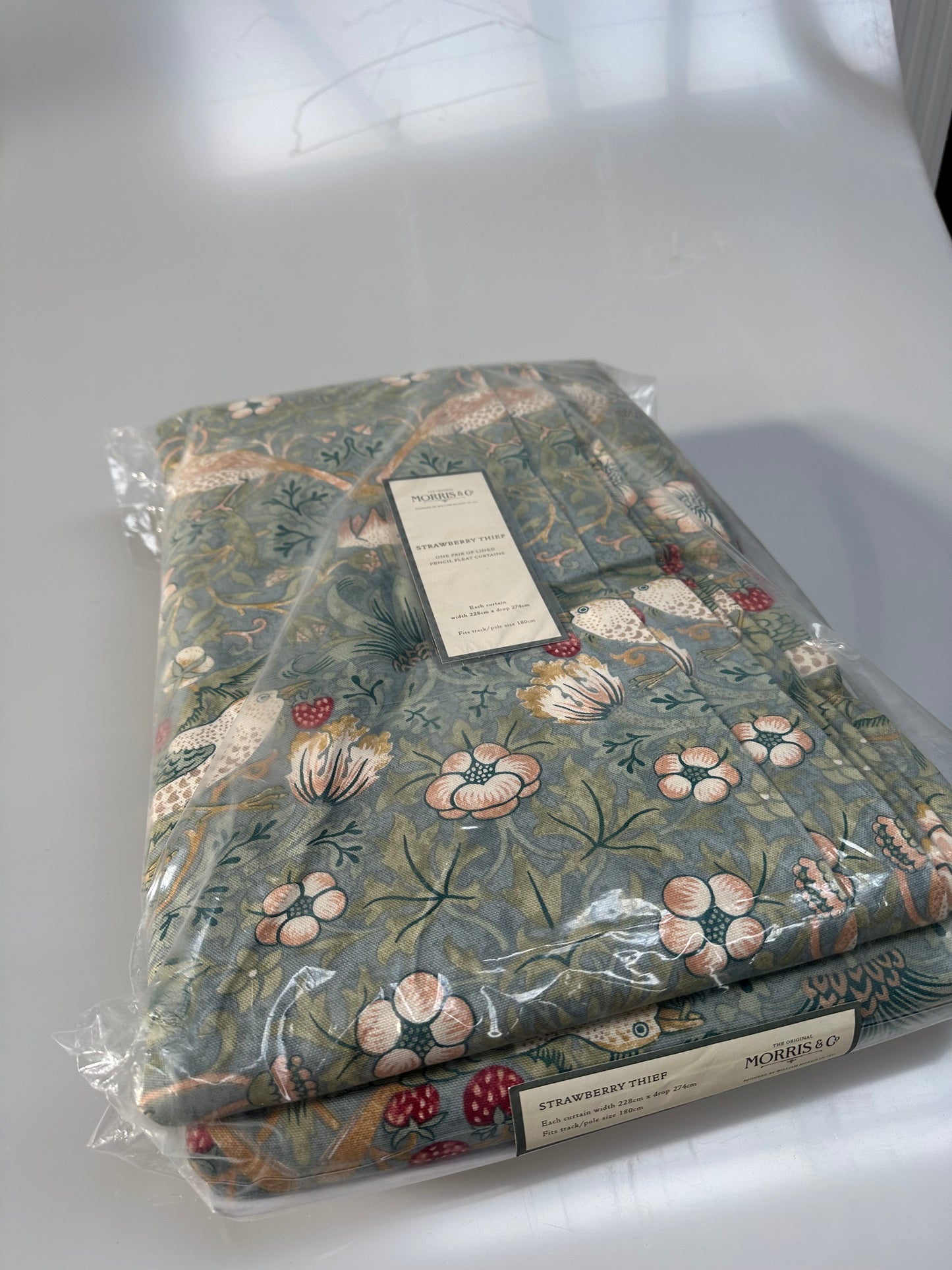 Morris & Co. Strawberry Thief Pair Lined Pencil Pleat Curtains, Duck Egg, W228 x Drop 274cm