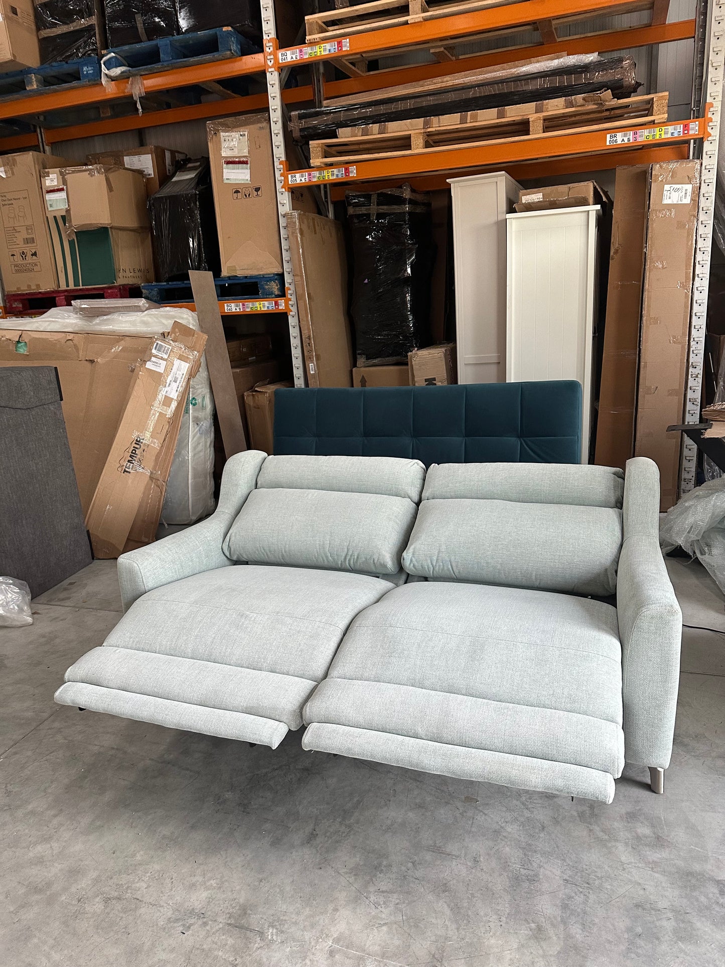 John Lewis Elevate Large 2 Seater Power Recliner Sofa, Metal Leg Aquaclean Baby Blue