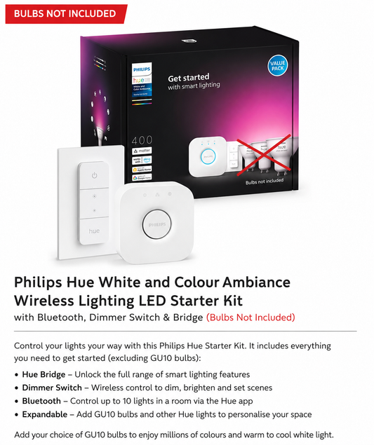 Philips Hue White & Colour Ambiance Starter Kit - Bridge & Dimmer Switch - NO GU10 Bulbs