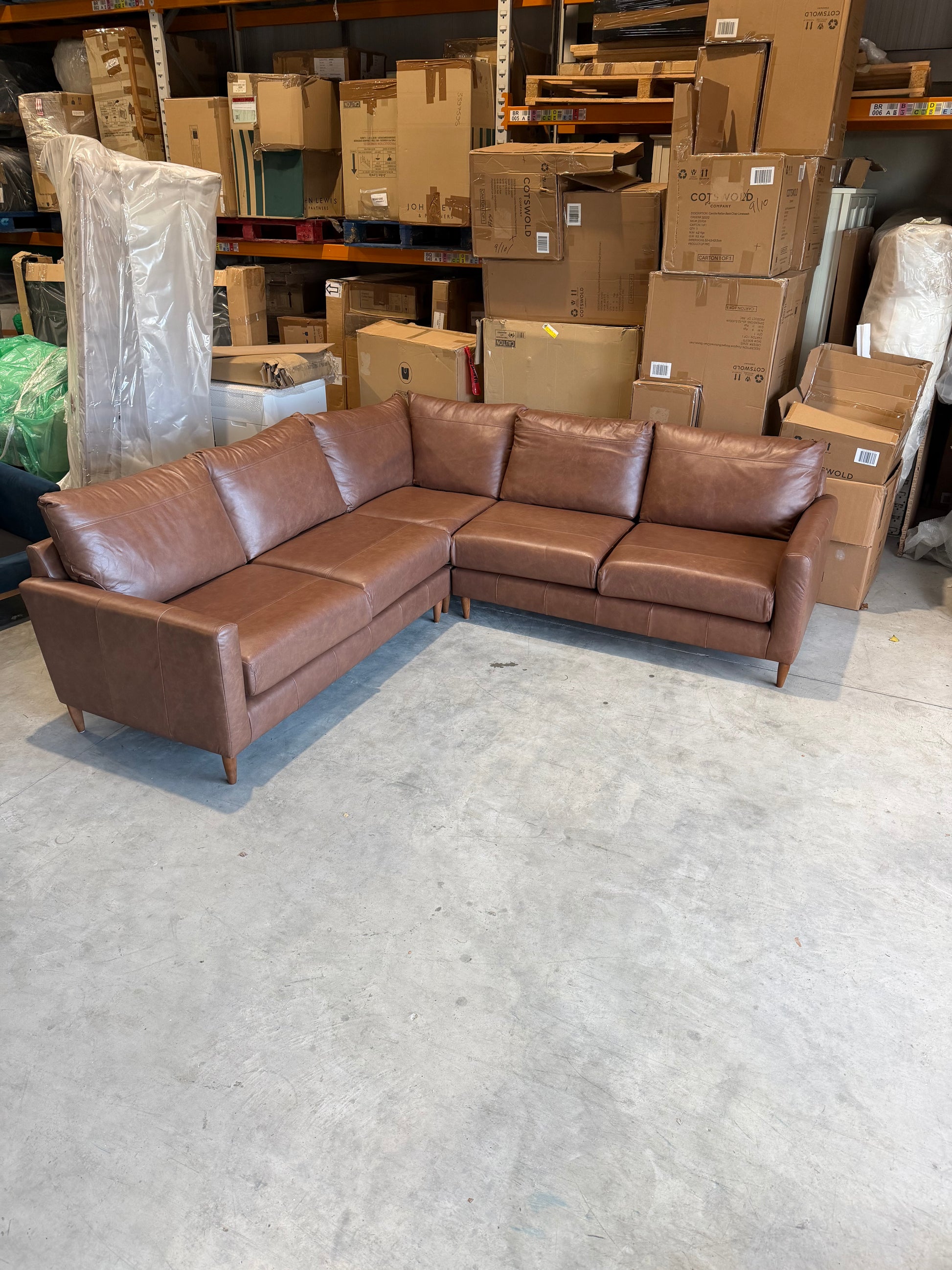 John Lewis Bailey II 5+ Seater Leather Corner Sofa Dark Leg Vintage Toffee
