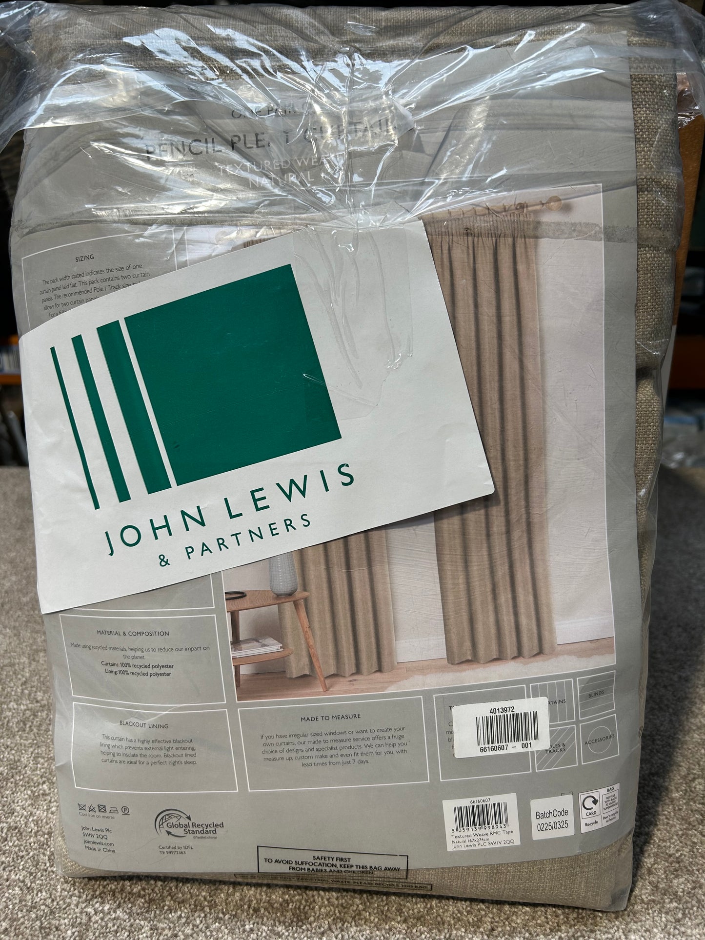 John Lewis Textured Weave Pair Blackout Lined Pencil Pleat Curtains, Natural, W167 x Drop 274cm