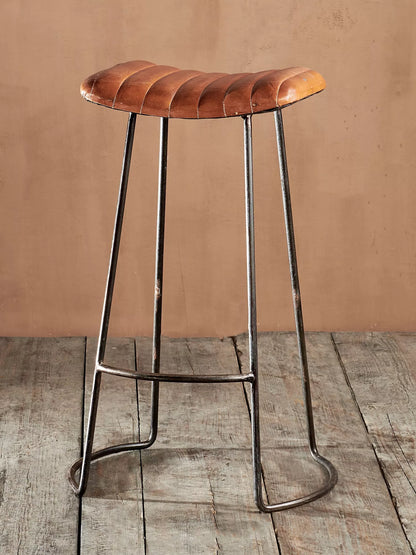 nkuku Narwana Ribbed Leather Stool, 75cm, Aged Tan
