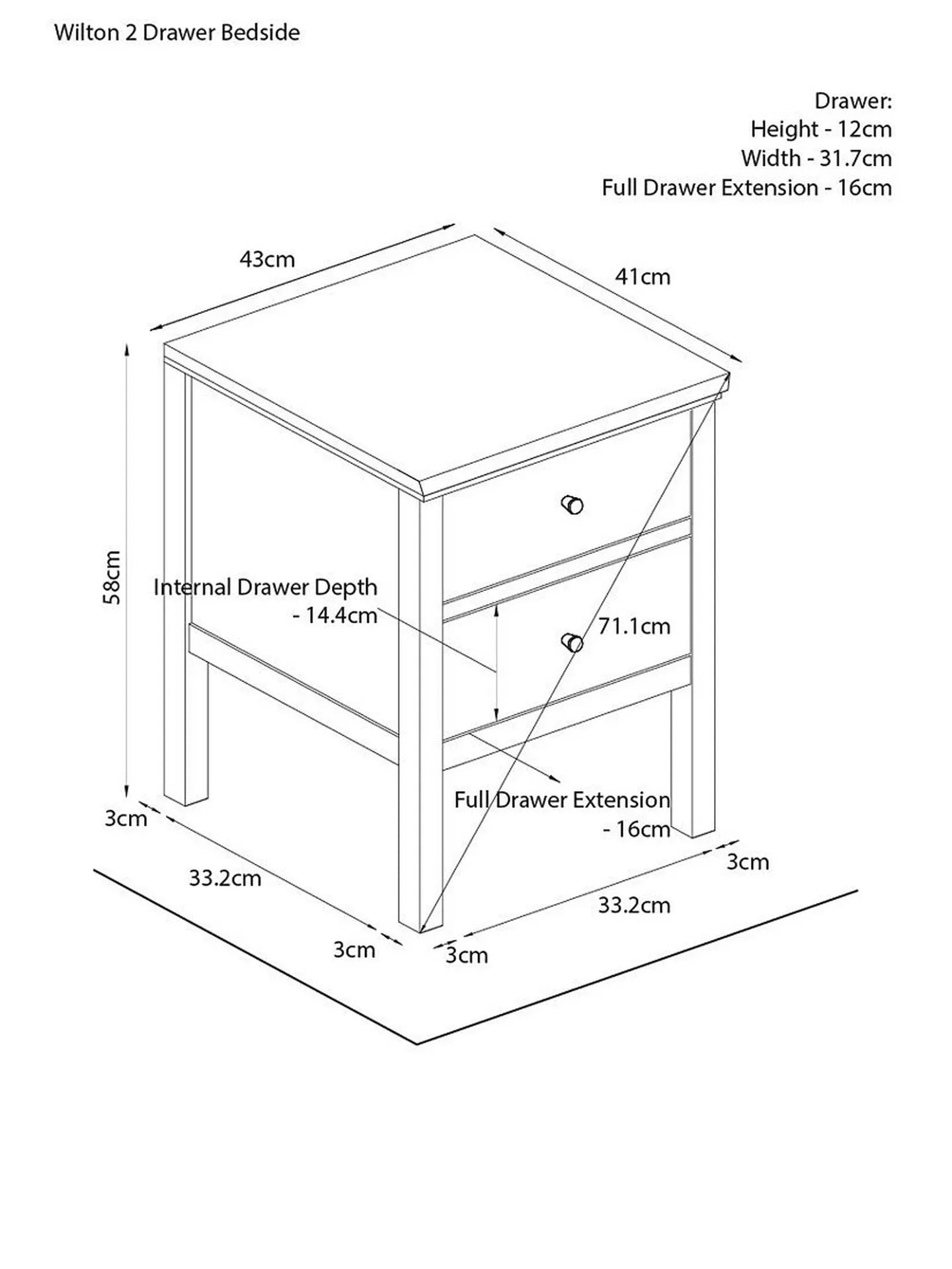 John Lewis Wilton 2 Drawer Bedside Cabinet, Linen