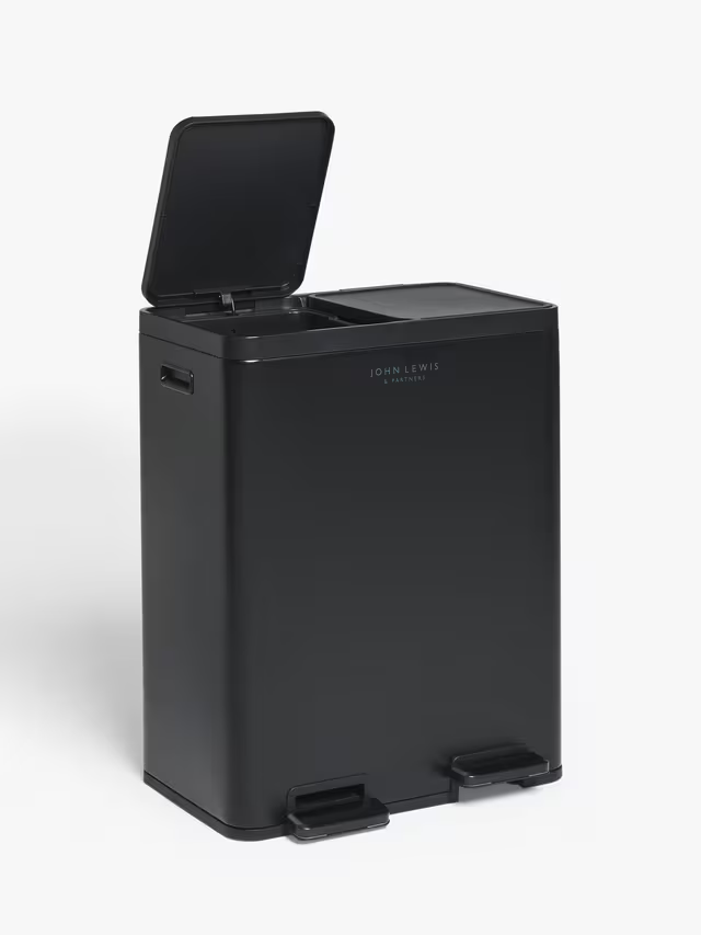 John Lewis 2 Section Recycling Bin with Handles, 60L, Black