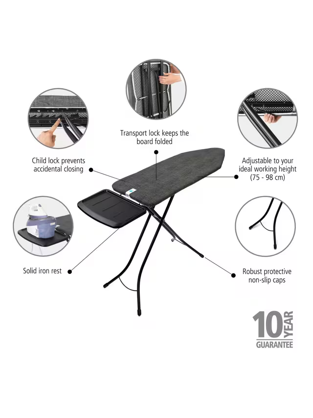 Brabantia Ironing Board C, 124 x 45cm, Solid Steam Unit Holder - Denim Black