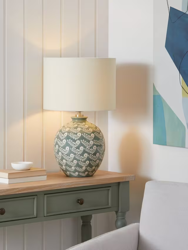 John Lewis Agnes Ceramic Floral Table Lamp, Green