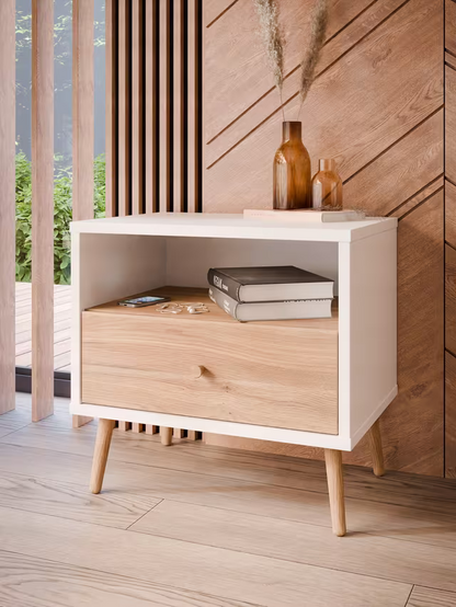 EasyKlix Harllson 1 Drawer Bedside Table, White/Oak
