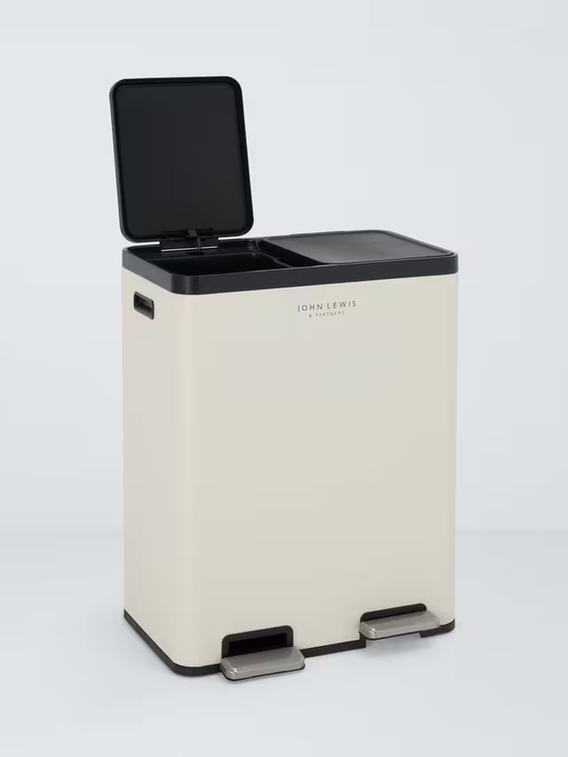 John Lewis 2 Section Recycling Bin, with Handles, 60L, Stone