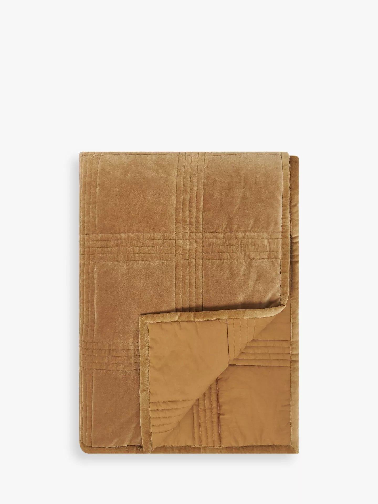 John Lewis Cotton Velvet Check Quilted Bedspread, Caramel