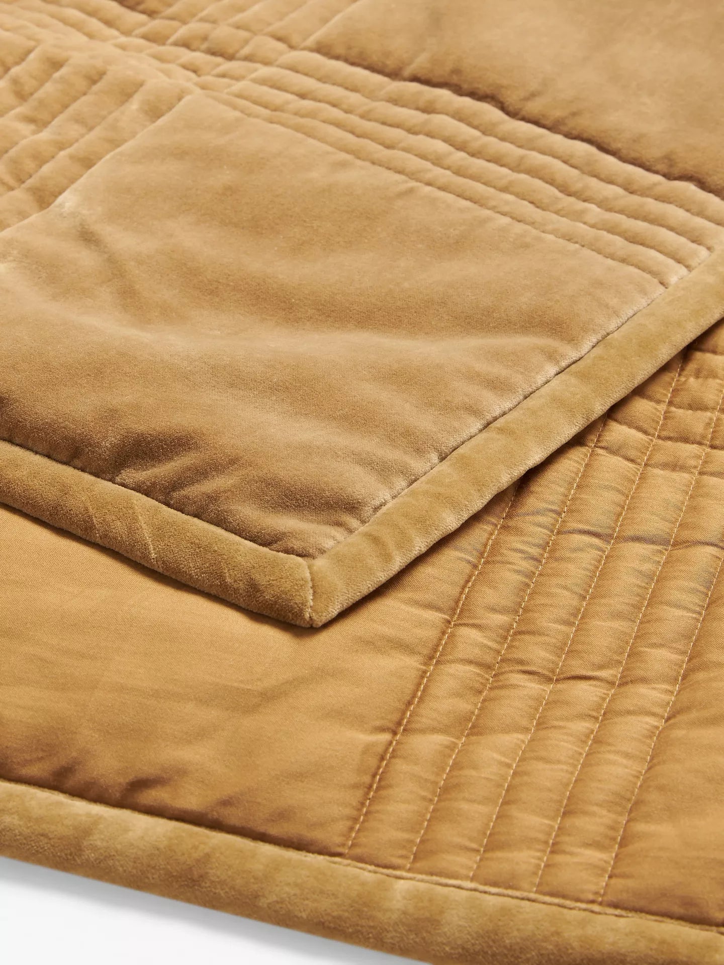 John Lewis Cotton Velvet Check Quilted Bedspread, Caramel