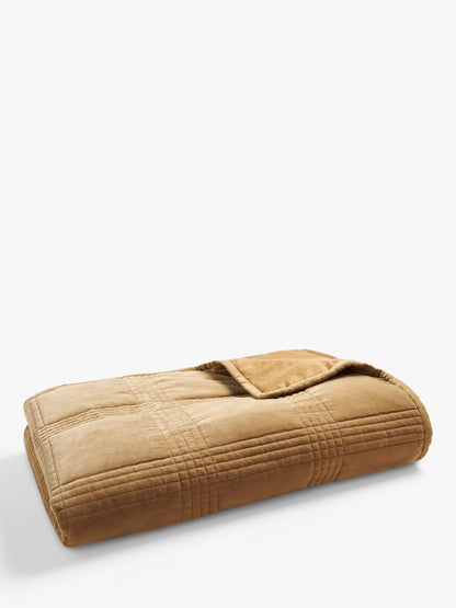 John Lewis Cotton Velvet Check Quilted Bedspread, Caramel