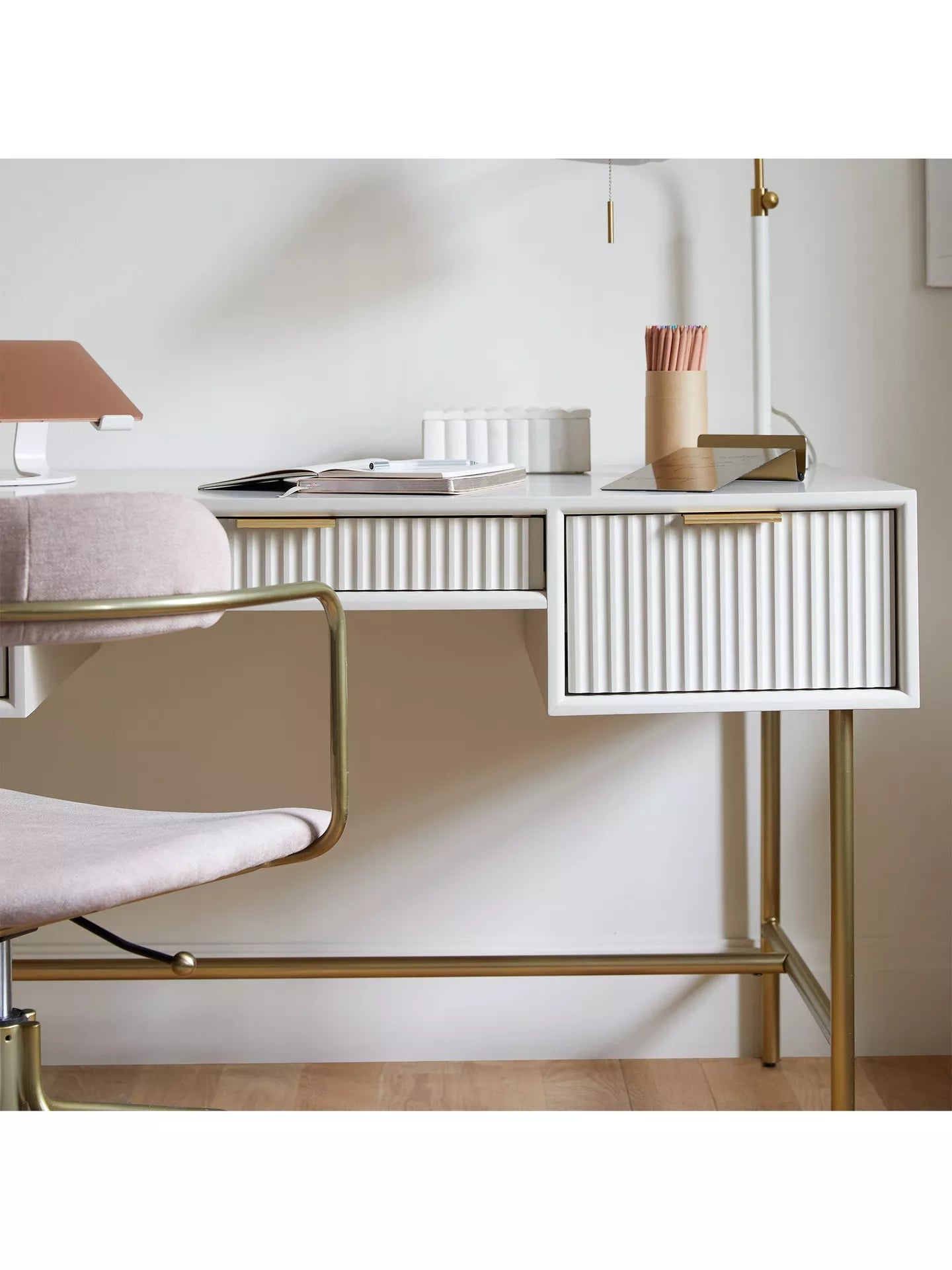 West Elm Quinn Lacquer Desk, Haze/Antique Brass