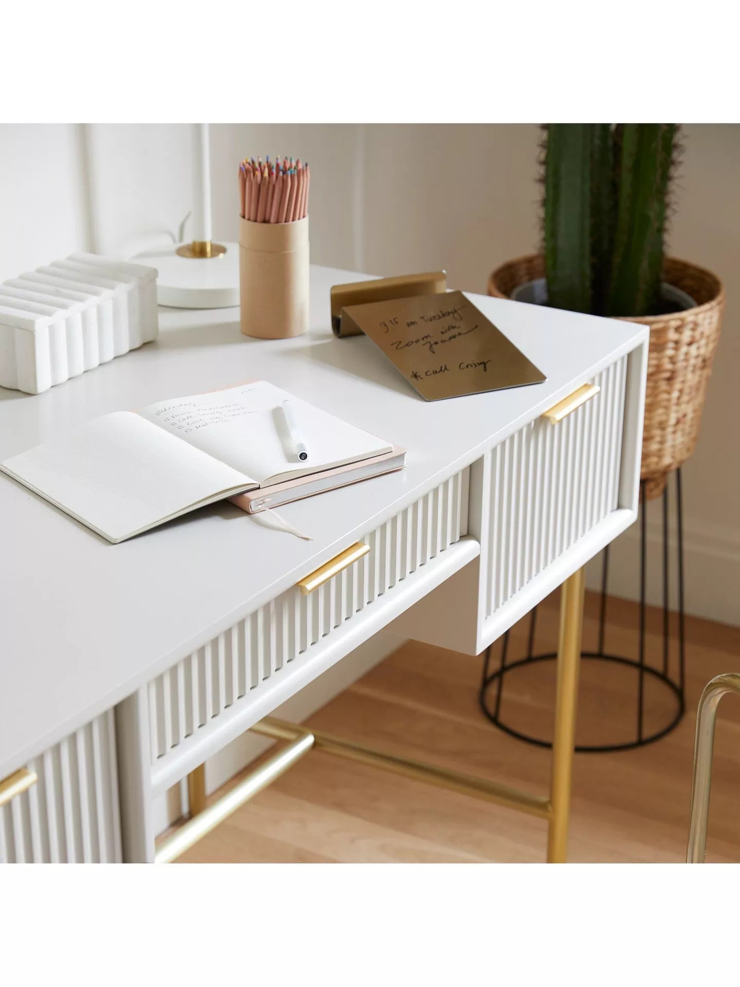 West Elm Quinn Lacquer Desk, Haze/Antique Brass