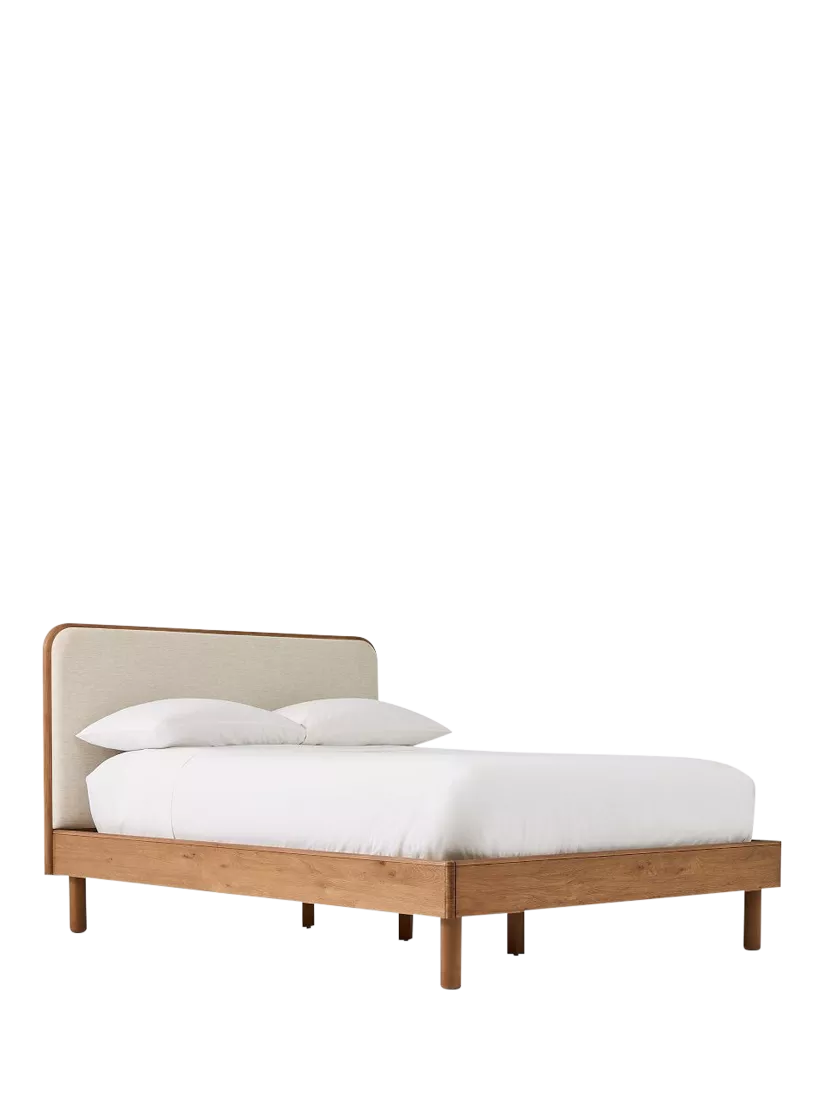 West Elm Miles Wood & Upholstered Bed Frame, King Size, Twill Sand/Toasted Oak