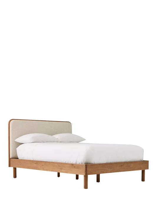West Elm Miles Wood & Upholstered Bed Frame, King Size, Twill Sand/Toasted Oak