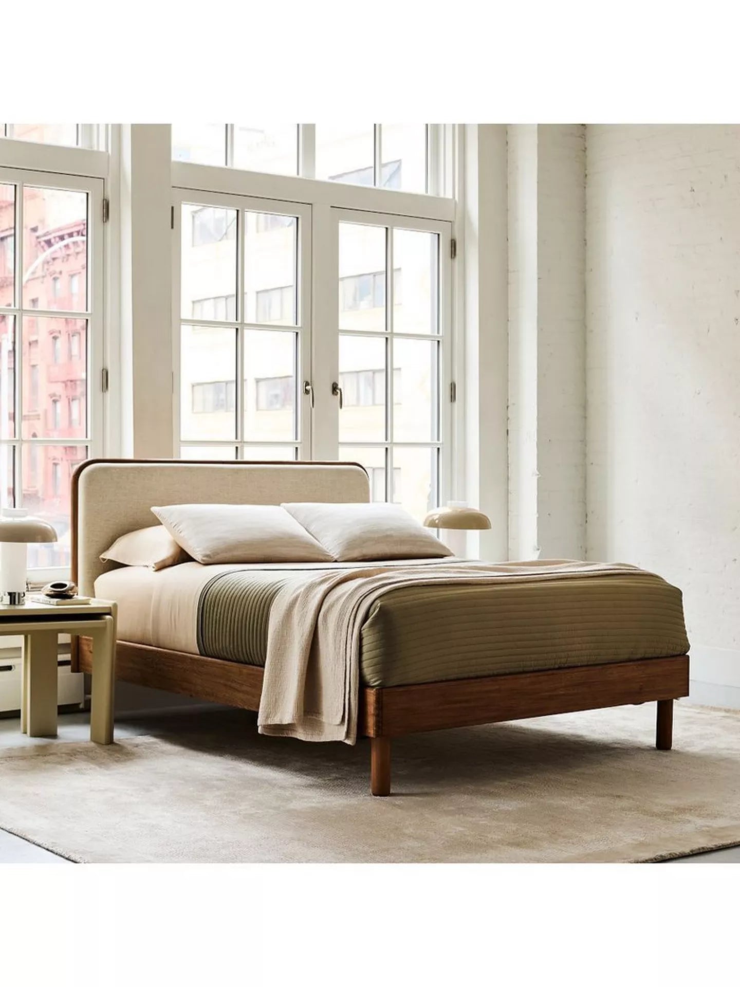 West Elm Miles Wood & Upholstered Bed Frame, King Size, Twill Sand/Toasted Oak