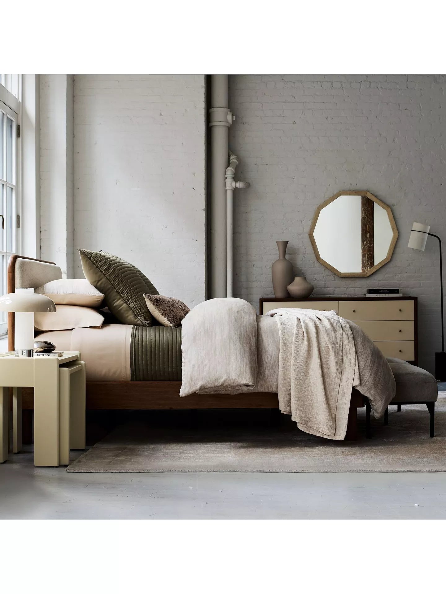West Elm Miles Wood & Upholstered Bed Frame, King Size, Twill Sand/Toasted Oak